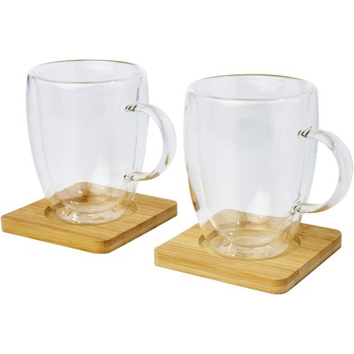 Manti 2-teiliger 350 ml doppelwandiger Glasbecher mit Bambusuntersetzer (Art.-Nr. CA901453) - Ein Set aus 2 doppelwandigen Thermogläs...
