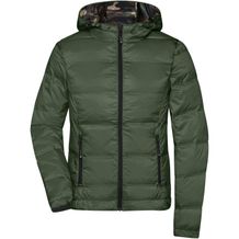 Ladies' Hooded Down Jacket - Daunenjacke mit Kapuze in neuem Design, Steppung der Jacke ist geklebt und nicht genäht [Gr. XS] (olive/camouflage) (Art.-Nr. CA114299)