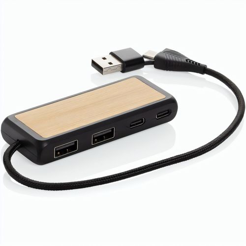 Link Dual Input USB Hub aus RCS rec. Kunststoff und Bambus (Art.-Nr. CA446698) - USB 2.0-USB-Hub mit zwei Eingängen zu...