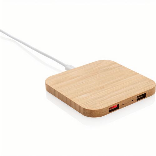 5W-Wireless-Charger aus Bambus mit USB (Art.-Nr. CA553135) - Kabelloser 5W-Charger aus 100% FSC®zert...