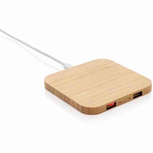 10W Wireless-Charger mit USB aus Bambus (Art.-Nr. CA695631) - Schneller 10W-Wireless-Charger, dess...