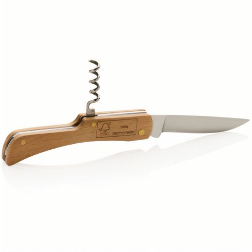 Holzmesser mit Korkenzieher (Art.-Nr. CA712099) - Faltbares Messer aus 100% FSC-Buchenholz...