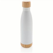 Vakuum Edelstahlfasche mit Deckel und Boden aus Bambus (weiß) (Art.-Nr. CA978296)