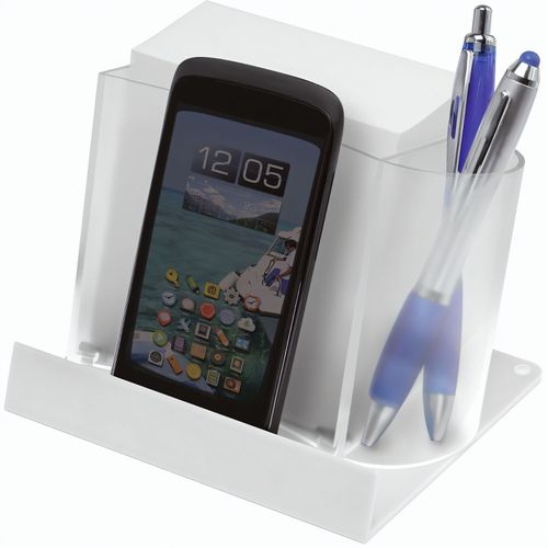 Smartphone-/Tabletständer mit Zettelbox (Art.-Nr. CA944201) - mit integriertem Stifteköcher und weiß...
