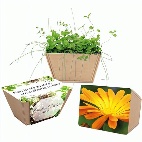 Mini-Beet mit Samen - Ringelblume, Lasergravur (Art.-Nr. CA122943) - Das attraktive Blumenkästchen aus Hol...