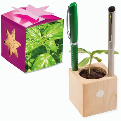 Pflanz-Holz Büro Star-Box mit Samen - Basilikum, 2 Seiten gelasert (Art.-Nr. CA214189) - Der Würfel aus hellem, europäisch...