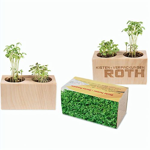 Pflanz-Holz 2er Set mit Samen - Gartenkresse, 2 Seiten gelasert (Art.-Nr. CA373102) - Mehr Platz für Blumen, Kräuter und die...