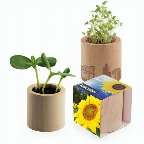 Pflanz-Holz rund mit Samen - Sonnenblume, Rundum-Lasergravur (Art.-Nr. CA375839) - Das dekorative Pflanz-Holz rund aus...