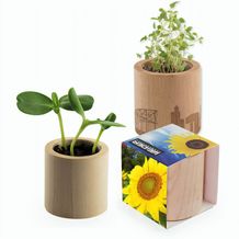 Pflanz-Holz rund mit Samen - Sonnenblume, Rundum-Lasergravur (individuell) (Art.-Nr. CA375839)