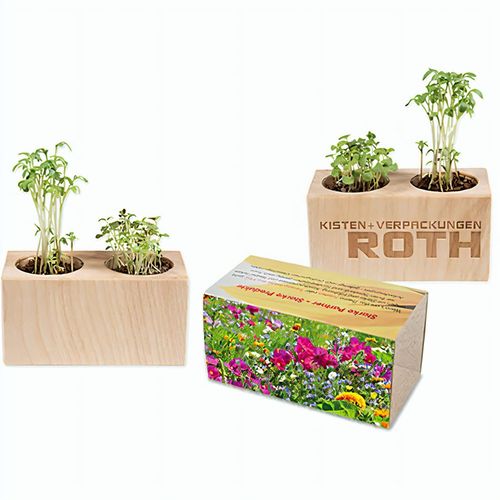 Pflanz-Holz 2er Set mit Samen - Sommerblumenmischung, 1 Seite gelasert (Art.-Nr. CA487530) - Mehr Platz für Blumen, Kräuter und die...