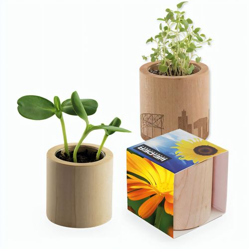 Pflanz-Holz rund mit Samen - Ringelblume, Rundum-Lasergravur (Art.-Nr. CA507452) - Das dekorative Pflanz-Holz rund aus...