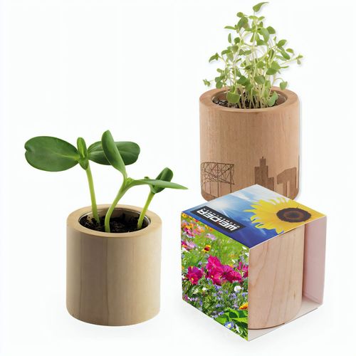 Pflanz-Holz rund mit Samen - Sommerblume, Rundum-Lasergravur (Art.-Nr. CA667043) - Das dekorative Pflanz-Holz rund aus...
