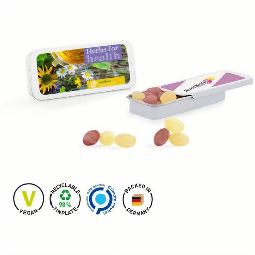 Schiebedeckeldose, Micro-Bonbons Frucht Mix (Art.-Nr. CA003753) - Flache weiße Schiebedeckeldose, au...