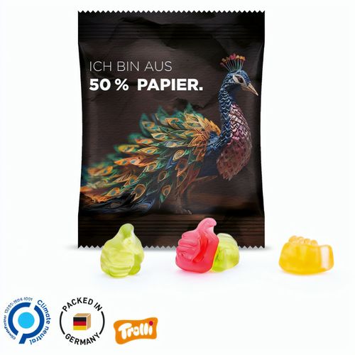 Minitüte, 10 g, Folie weiß mit 50% Papieranteil, Trolli Fruchtgummi Daumen, 10% Fruchtsaft (Art.-Nr. CA175107) - Trolli Fruchtgummi in Tüte aus weiß...