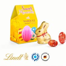 Standbodenbox Werbeverpackung aus weißem Karton Lindt Mischung: 4 Lindor Mini Eier (Alpenmilch, rot) & 1 Goldhase 10 g (weiß) (Art.-Nr. CA239730)