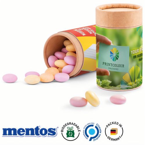 Papierdose Eco Midi mit Mentos Kaudragees Fruit (Art.-Nr. CA437752) - Papierdose Eco Midi biologisch abbaubar,...