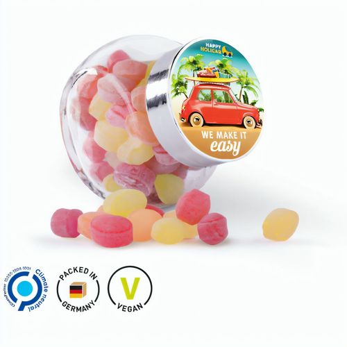 Bonbonglas Mini, Papier-Etikett, Mini Micro-Bonbons Frucht Mix (Art.-Nr. CA458963) - Micro-Bonbons im Bonbonglas mit Deckel...