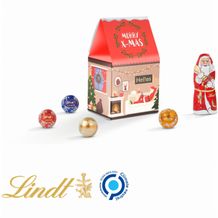 Standbodenbox Werbeverpackung aus weißem Karton Lindt Mischung: 4 Lindor Mini Kugeln (Milch, Dunkel, Caramell, Weiß) & 1 Weihnachtsmann 10 g (weiß) (Art.-Nr. CA643443)