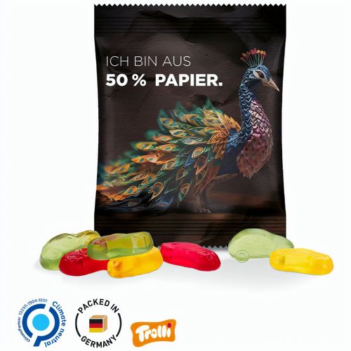 Minitüte, 10 g, Folie weiß mit 50% Papieranteil, Trolli Fruchtgummi Autos, 10% Fruchtsaft (Art.-Nr. CA734091) - Trolli Fruchtgummi in Tüte aus weiß...