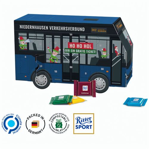 Adventskalender Bus, Ritter SPORT Schokotäfelchen (Art.-Nr. CA761568) - Adventskalender Bus in Vollkartonhüll...