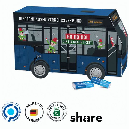 Adventskalender Bus, share Schokotäfelchen (Art.-Nr. CA770619) - Adventskalender Tranporter in Vollkarton...