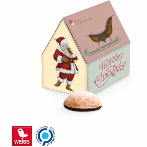Lebkuchen Haus Werbeverpackung aus weißem Karton WEISS 4er Lebkuchen Mini mit Schokoladenboden (Art.-Nr. CA838857) - WEISS Lebkuchen in Hausverpackung aus...