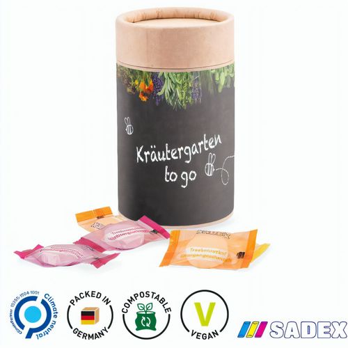 Papierdose Eco Midi mit 20 Sadex Traubenzucker, bunt gemischt (Art.-Nr. CA915298) - Papierdose Eco Midi biologisch abbaubar,...