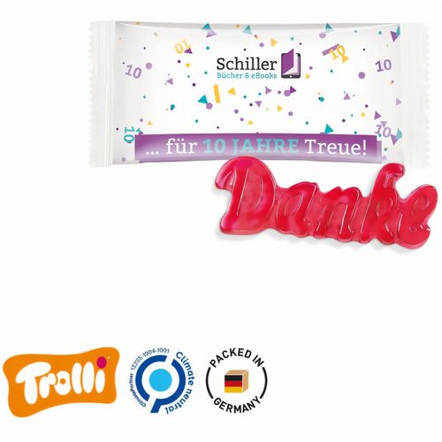 Trolli Fruchtgummi "Danke" (Art.-Nr. CA925058) - Flowpack aus weißer Folie, individuel...