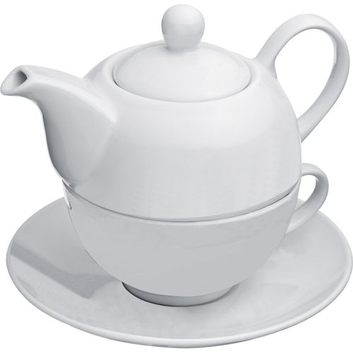 Teekanne mit Tasse und Untersetzer aus Porzellan (Art.-Nr. CA221595) - Teeset mit einer Teetasse (200ml),...