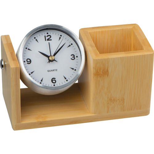 Stifteköcher aus Bambus mit analoger Uhr (Art.-Nr. CA632450) - Elegante, schwenkbare Tischuhr aus...