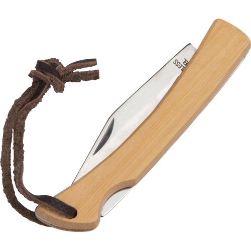 Taschenmesser mit Bambusschalen und Aufhängeschlaufe (Art.-Nr. CA918895) - Taschenmesser aus Edelstahl mit Bambusgr...