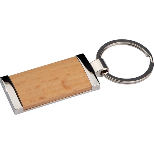 Schlüsselanhänger mit Holzstück (Art.-Nr. CA931672) - Schlüsselanhänger aus Metall mit Holzs...