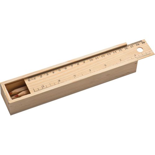 Holzbox mit 8 Buntstiften und Lineal (Art.-Nr. CA961577) - Holzbox mit 8 Buntstiften. Der Deckel,...