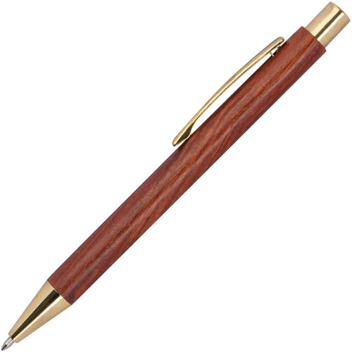 Holzkugelschreiber mit goldenen Applikationen (Art.-Nr. CA993787) - Holzkugelschreiber mit blau schreibender...
