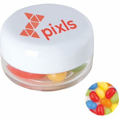 Runde Plastikdose mit farbigem Deckel gefüllt mit ca. 12 gr. Jelly Beans TAMPONDRUCK (Art.-Nr. CA154628) - Runde Plastikdose ø 45x25 mm mit farbig...