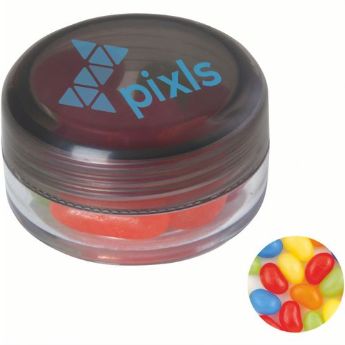 Runde Plastikdose mit farbigem Deckel gefüllt mit ca. 12 gr. Jelly Beans TAMPONDRUCK (Art.-Nr. CA159002) - Runde Plastikdose ø 45x25 mm mit farbig...