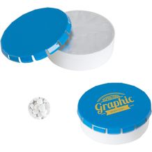 Super runde Click-Plastikdose 45 mm mit ca. 12 gr. minties zuckerfrei, TAMPONDRUCK (hell blau) (Art.-Nr. CA164125)