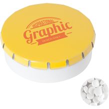 Super runde Click-Plastikdose 45 mm mit ca. 12 gr. minties zuckerfrei, TAMPONDRUCK (gelb) (Art.-Nr. CA181662)