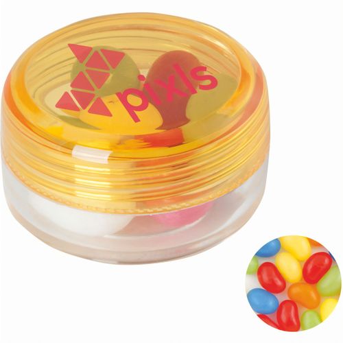 Runde Plastikdose mit farbigem Deckel gefüllt mit ca. 12 gr. Jelly Beans TAMPONDRUCK (Art.-Nr. CA227726) - Runde Plastikdose ø 45x25 mm mit farbig...