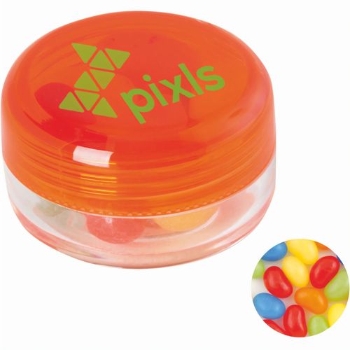 Runde Plastikdose mit farbigem Deckel gefüllt mit ca. 12 gr. Jelly Beans TAMPONDRUCK (Art.-Nr. CA305256) - Runde Plastikdose ø 45x25 mm mit farbig...
