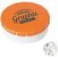 Super runde Click-Plastikdose 45 mm mit ca. 12 gr. minties zuckerfrei, TAMPONDRUCK (orange) (Art.-Nr. CA427341)