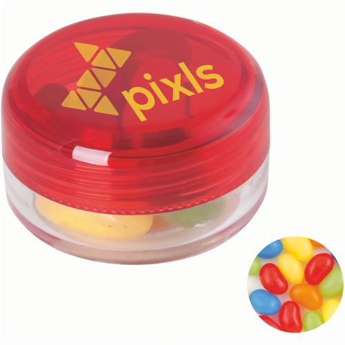 Runde Plastikdose mit farbigem Deckel gefüllt mit ca. 12 gr. Jelly Beans TAMPONDRUCK (Art.-Nr. CA481639) - Runde Plastikdose ø 45x25 mm mit farbig...