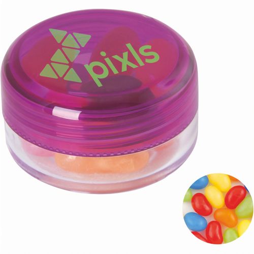 Runde Plastikdose mit farbigem Deckel gefüllt mit ca. 12 gr. Jelly Beans TAMPONDRUCK (Art.-Nr. CA621141) - Runde Plastikdose ø 45x25 mm mit farbig...
