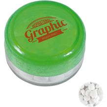 Runde Plastikdose mit farbigem Deckel gefüllt mit ca. 12 gr. extra strong Minties `Triangle` TAMPONDRUCK (hell grün) (Art.-Nr. CA630914)