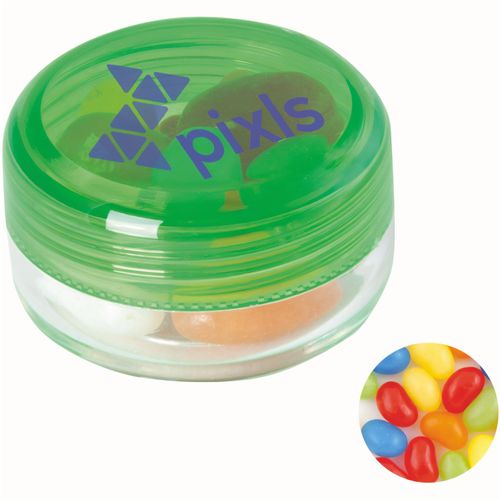 Runde Plastikdose mit farbigem Deckel gefüllt mit ca. 12 gr. Jelly Beans TAMPONDRUCK (Art.-Nr. CA677731) - Runde Plastikdose ø 45x25 mm mit farbig...