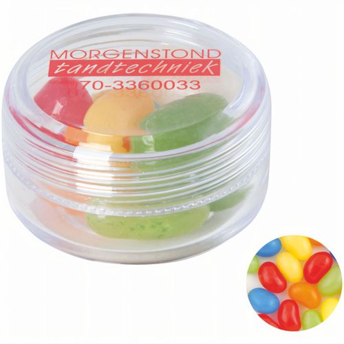 Runde Plastikdose mit farbigem Deckel gefüllt mit ca. 12 gr. Jelly Beans TAMPONDRUCK (Art.-Nr. CA730119) - Runde Plastikdose ø 45x25 mm mit farbig...