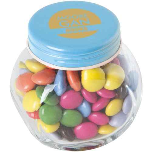 Bonbonglas mini gefüllt mit ca. 40 gr. Schokocarletties mit farbigem Deckel (Art.-Nr. CA796183) - Bonbonglas mini gefüllt mit ca. 40 gr...