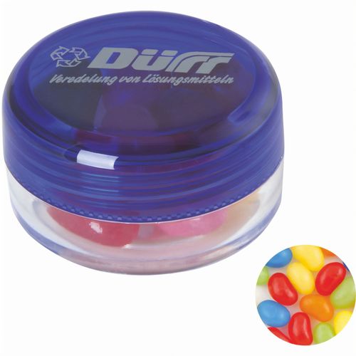 Runde Plastikdose mit farbigem Deckel gefüllt mit ca. 12 gr. Jelly Beans TAMPONDRUCK (Art.-Nr. CA866092) - Runde Plastikdose ø 45x25 mm mit farbig...