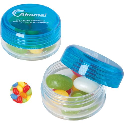 Runde Plastikdose mit farbigem Deckel gefüllt mit ca. 12 gr. Jelly Beans TAMPONDRUCK (Art.-Nr. CA952911) - Runde Plastikdose ø 45x25 mm mit farbig...