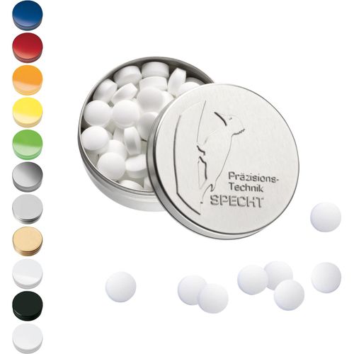 XS-Prägedose mit Stevia*-Pfefferminzpastillen, 18g (Art.-Nr. CA312576) - Metalldose aus 99 % recyclebarem Weißbl...
